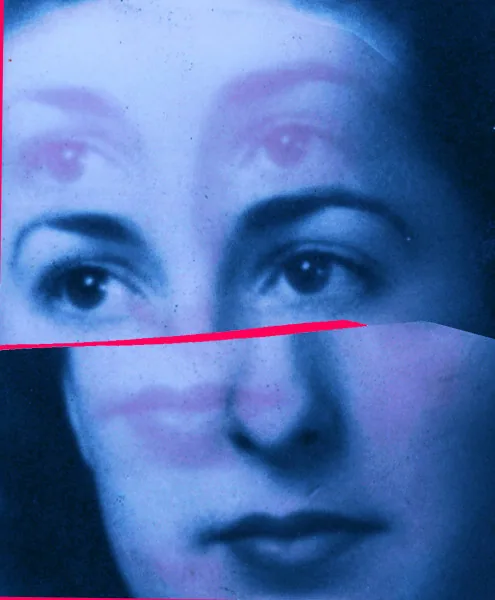 Doubled face split by a red line, blue-toned photo collage, book illustration by Samantha Hahn