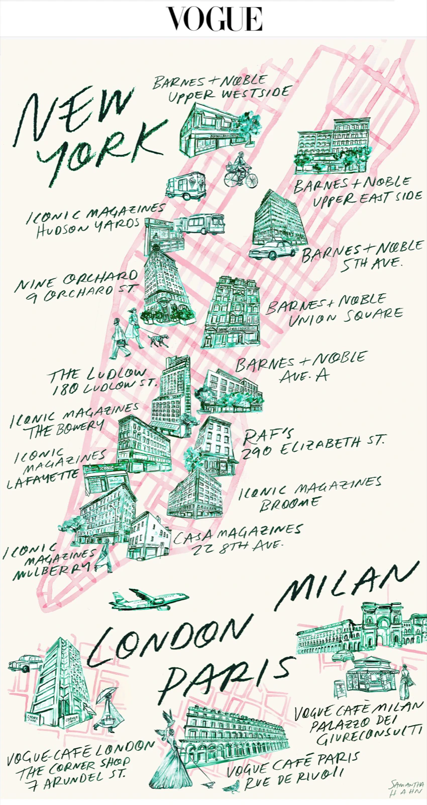 Illustrated map of New York, London, Paris and Milan for Vogue World, illustration by Samantha Hahn