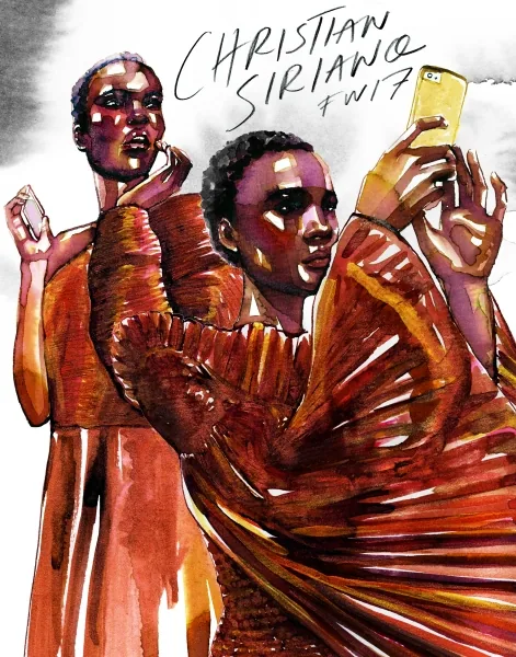 Christian Siriano, painted backstage at the fashion show, fashion and beauty illustration by Samantha Hahn