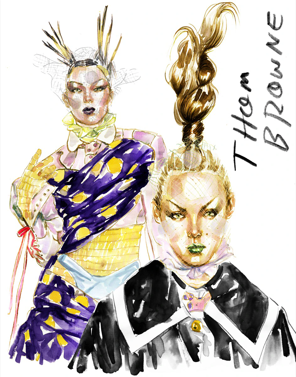 Thom Browne, fashion and beauty illustration by Samantha Hahn