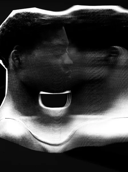 Distorted black and white face, photo collage by Samantha Hahn