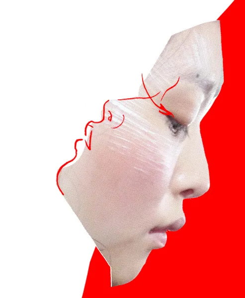 Profile portrait with red, photo collage by Samantha Hahn