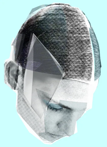 Fragmented portrait on pale blue, photo collage by Samantha Hahn