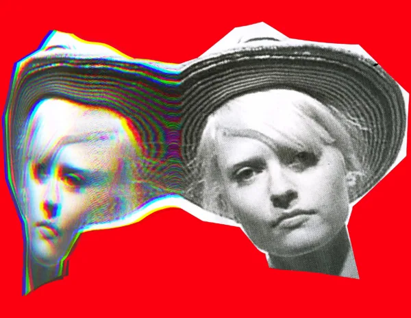 Two faces under a hat, photo collage on red by Samantha Hahn