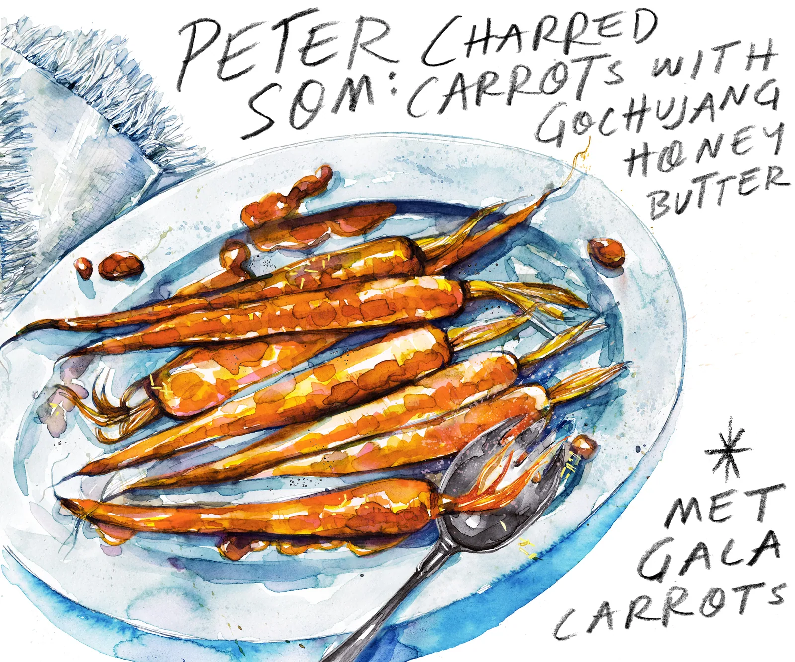 Peter Som's charred carrots with gochujang honey butter for Art Basil, food and drink illustration by Samantha Hahn